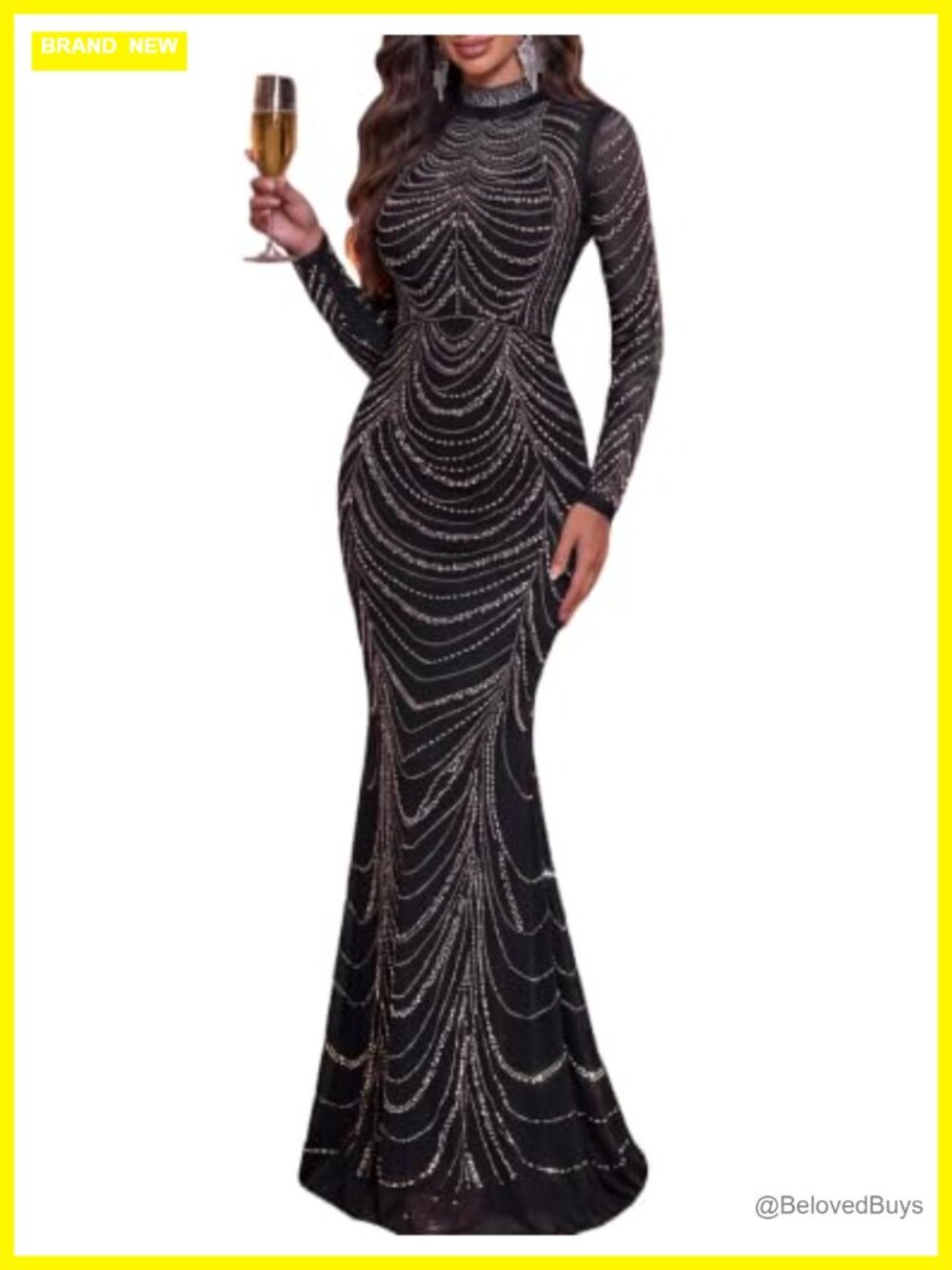Women Long Sleeve Mesh Rhinestone Mermaid Evening Gown Formal Prom Dress